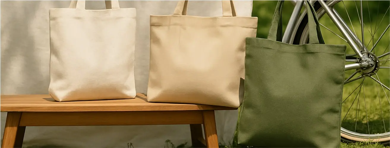 eco bags, in different colors, together with a bicycle on the street 