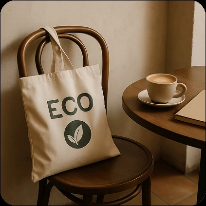 eco bags, in different colors, together with a bicycle on the street 
