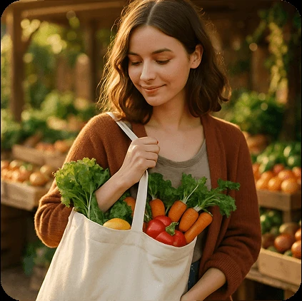 Woman with eco tote bag at farmer's market